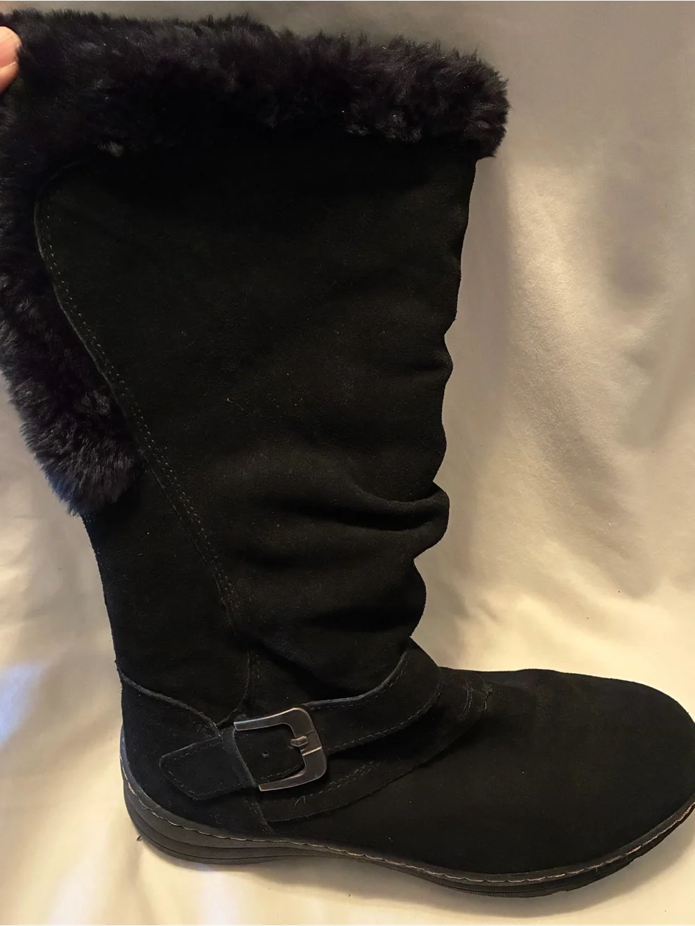 “Anibeth” Black Suede Faux Fur Trim Winter Boots Mid Calf Buckle Women's Size 9
